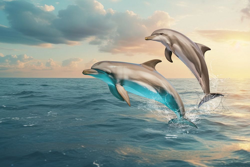 Dolphins jumping marine life nature remix, editable design