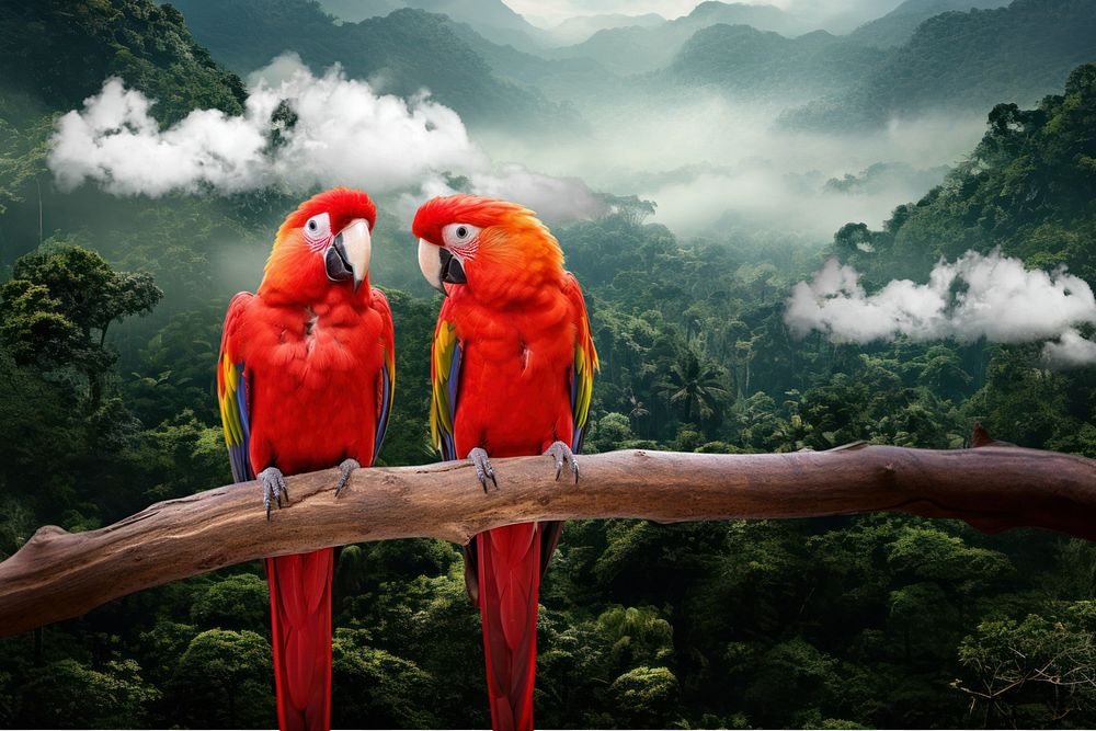 Red parrots animal wildlife nature remix, editable design