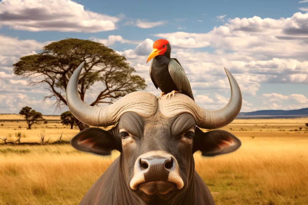 African Buffalo & bird animal wildlife nature remix, editable design