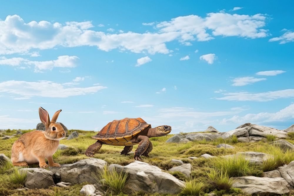 Rabbit & tortoise animal wildlife nature remix, editable design