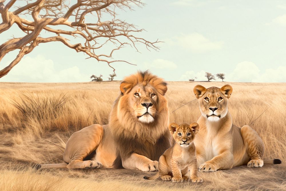 Lion family animal wildlife nature remix, editable design