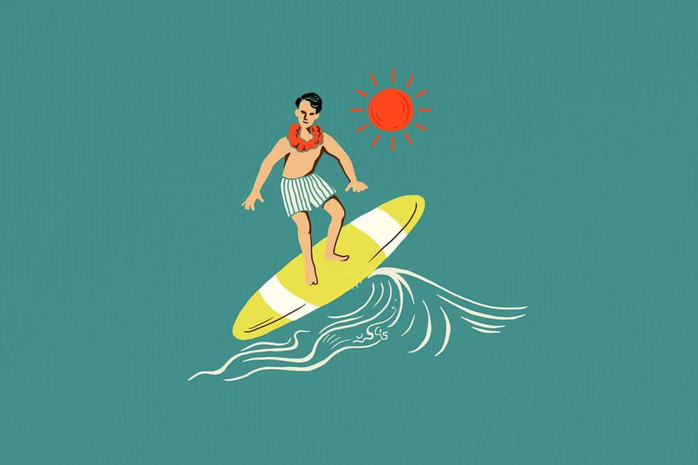 Man surfing retro travel illustration