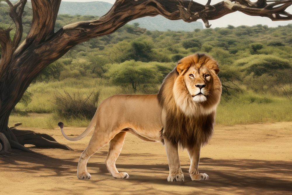 Lion standing animal wildlife nature remix, editable design