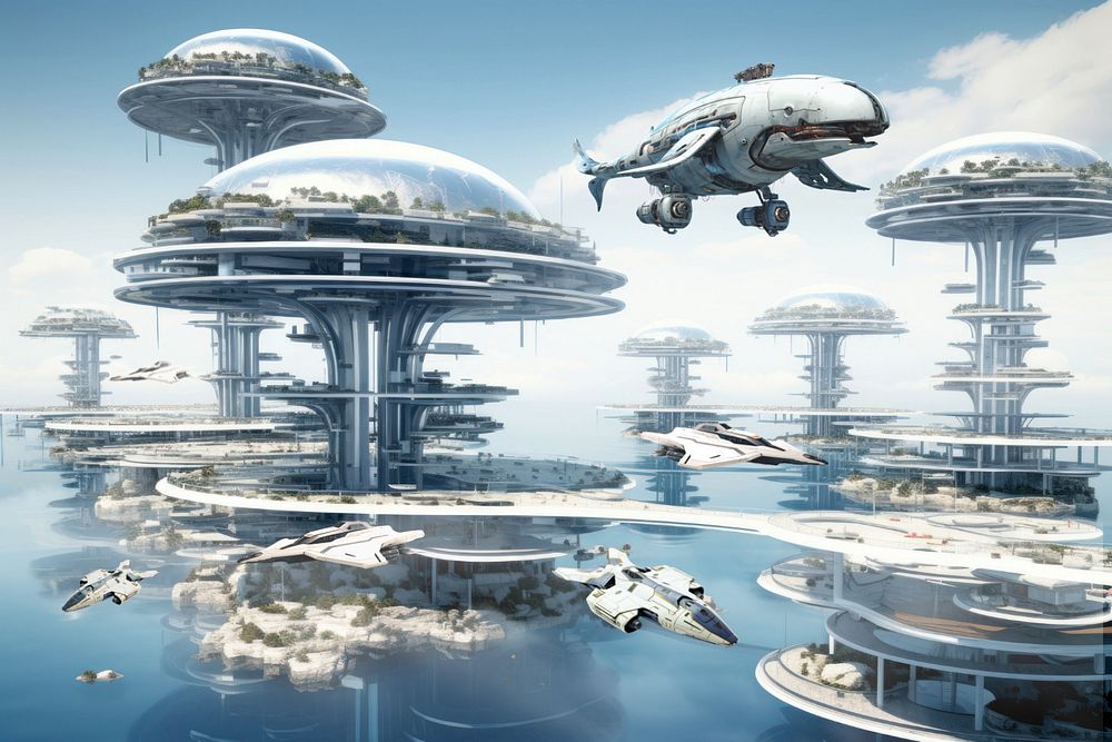 Futuristic floating city fantasy remix, editable design