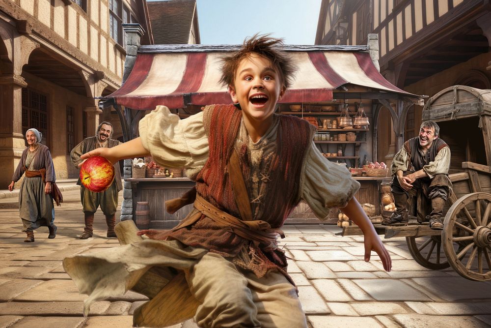 Happy kid in medieval town fantasy remix, editable design