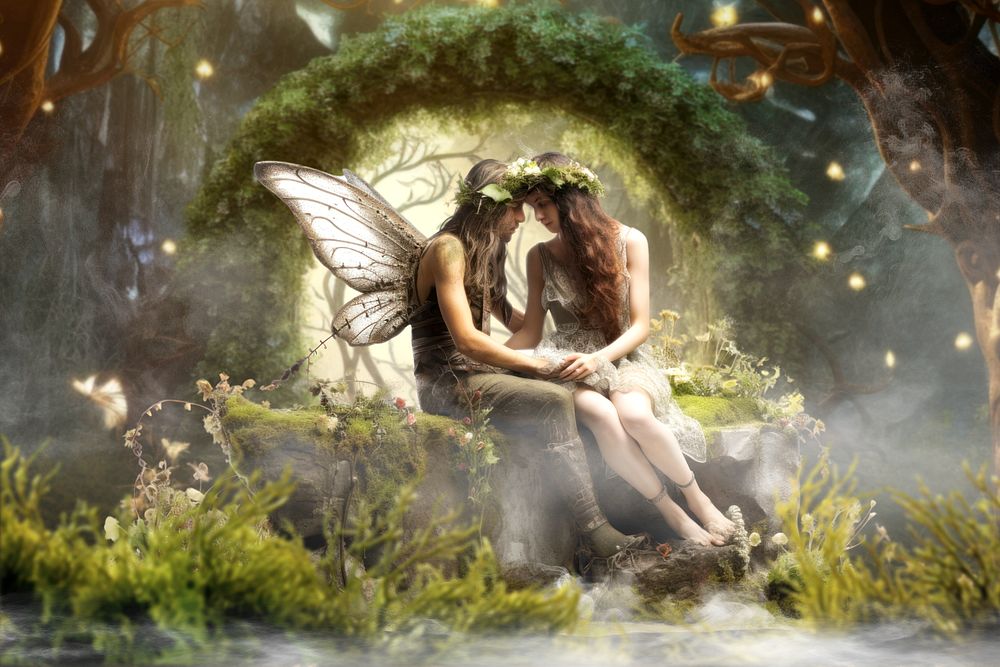 Elf couples, romantic fantasy remix, editable design