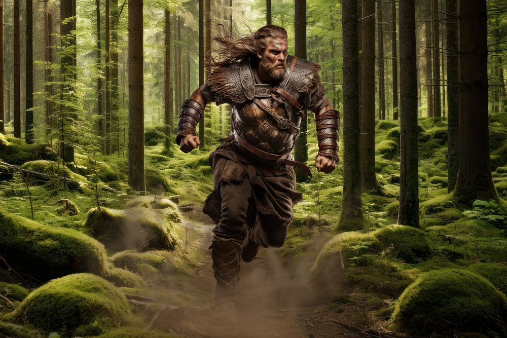 Medieval warrior searching forest fantasy remix, editable design