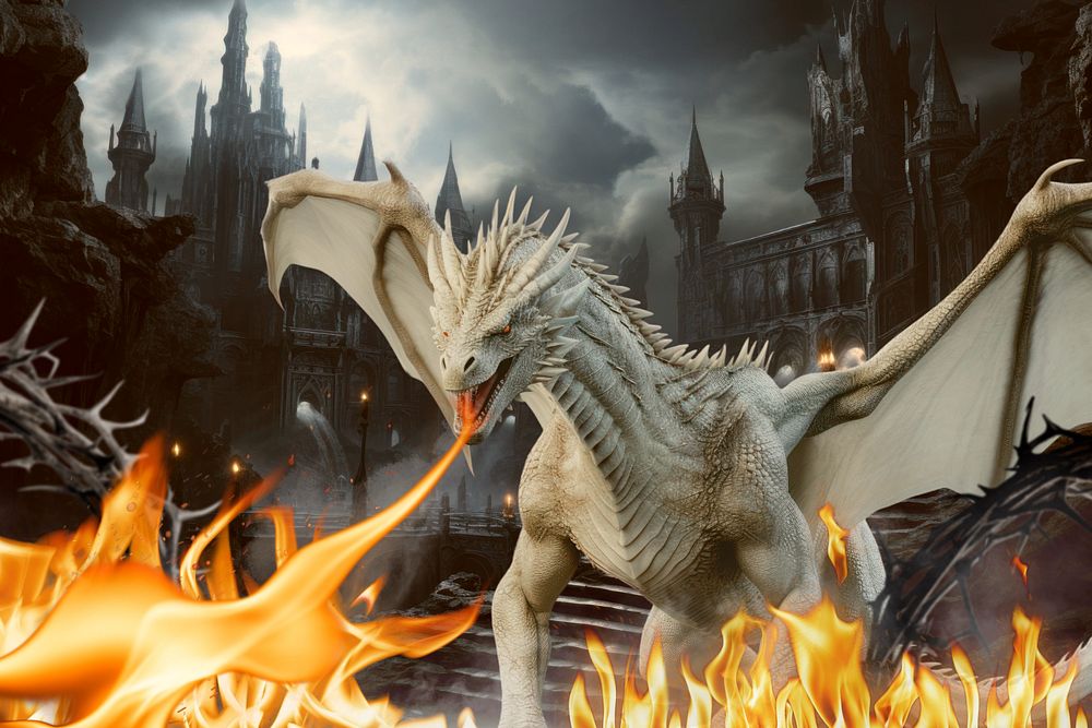 Dragon burning castle fantasy remix, editable design