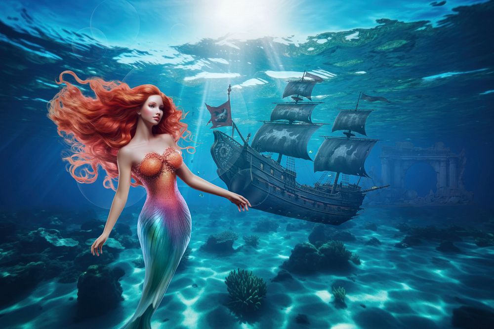 Mermaid watching sinking ship fantasy remix, editable design