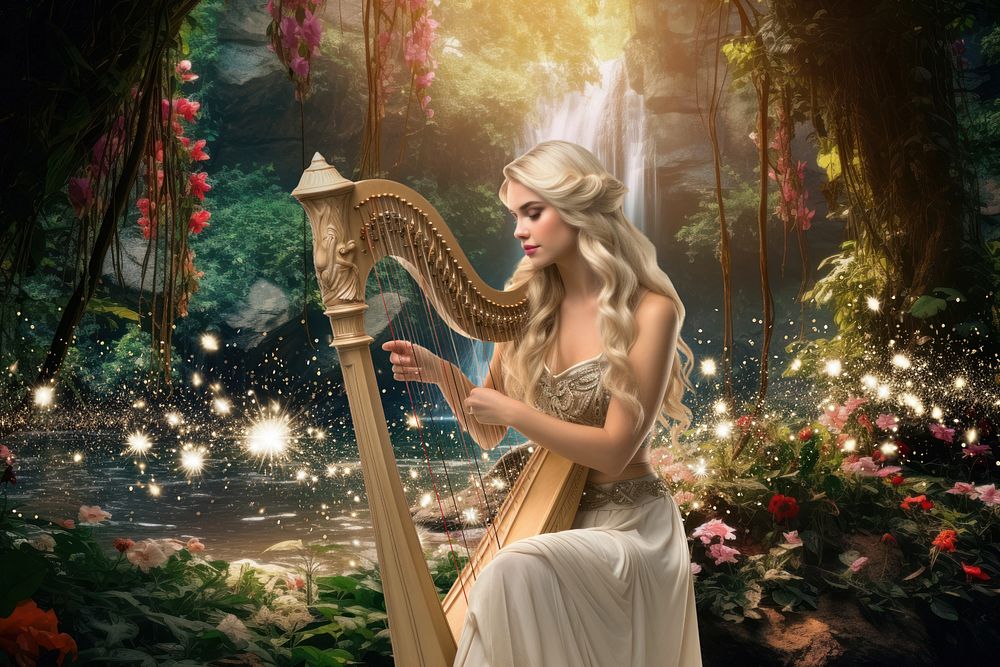 Elf women playing harp fantasy remix, editable design