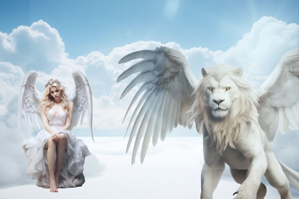 Angel & guardian animal in heaven fantasy remix, editable design