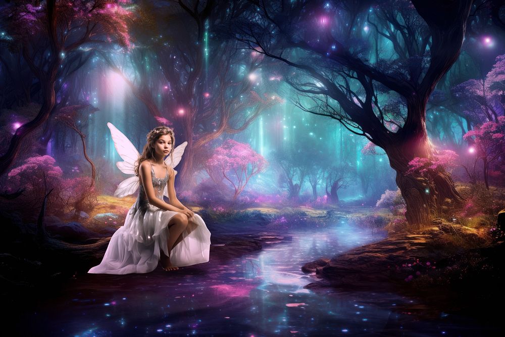 Fairy in enchanted forest fantasy remix, editable design