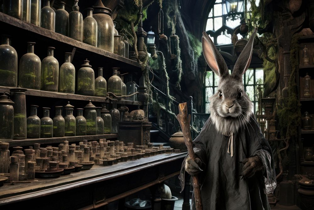 Rabbit wizard in  alchemy room fantasy remix, editable design