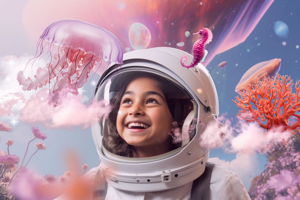 Kid space exploration surreal remix, editable design