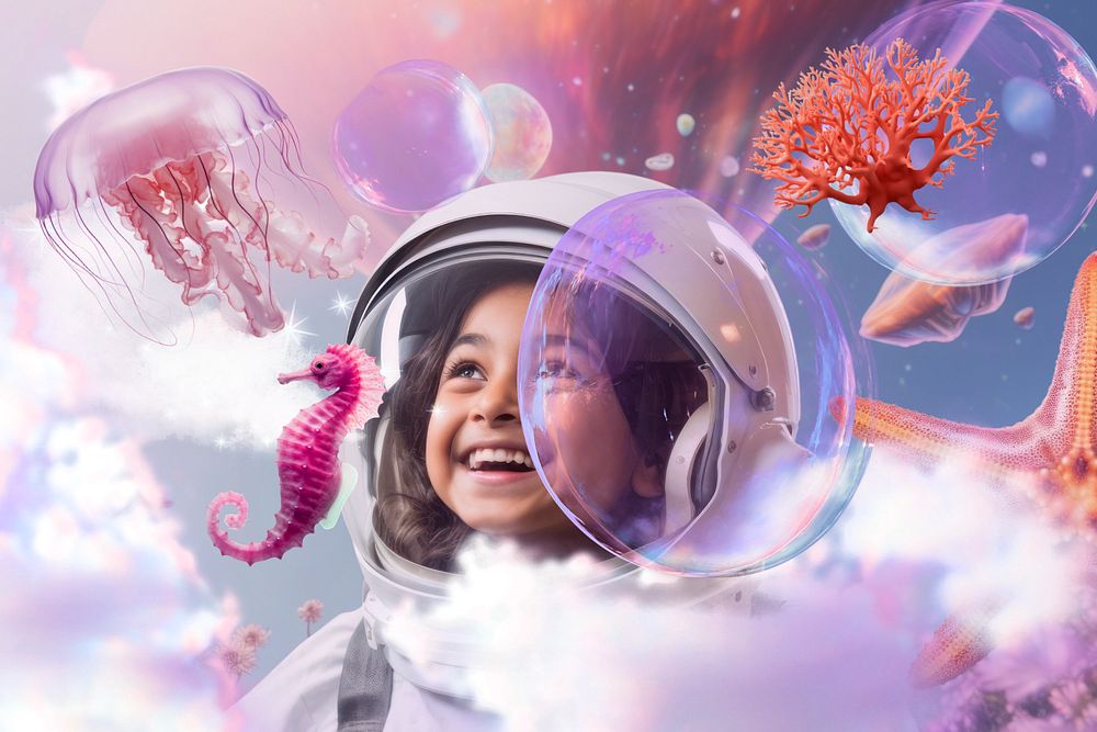 Kid space exploration surreal remix, editable design