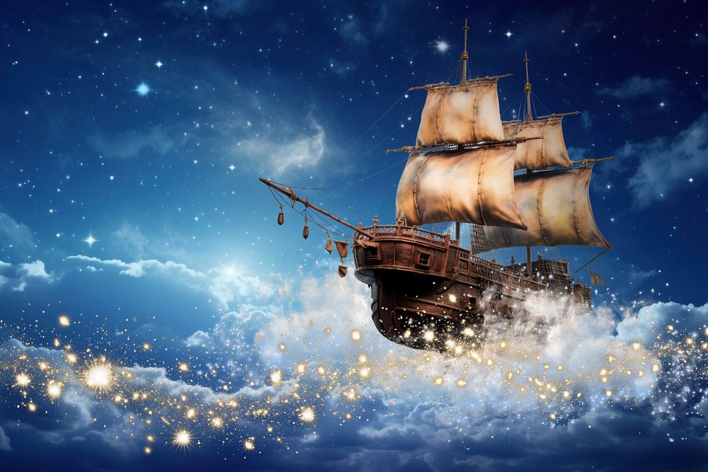 Magical flying pirate ship fantasy remix, editable design