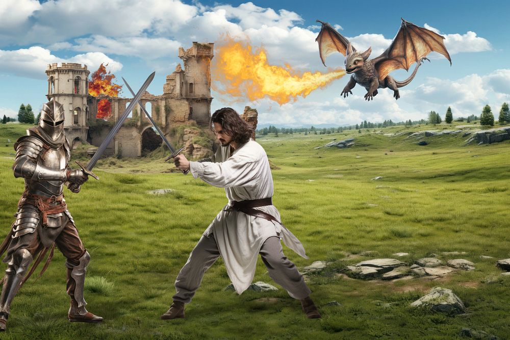 Warriors fighting in battlefield  fantasy remix, editable design