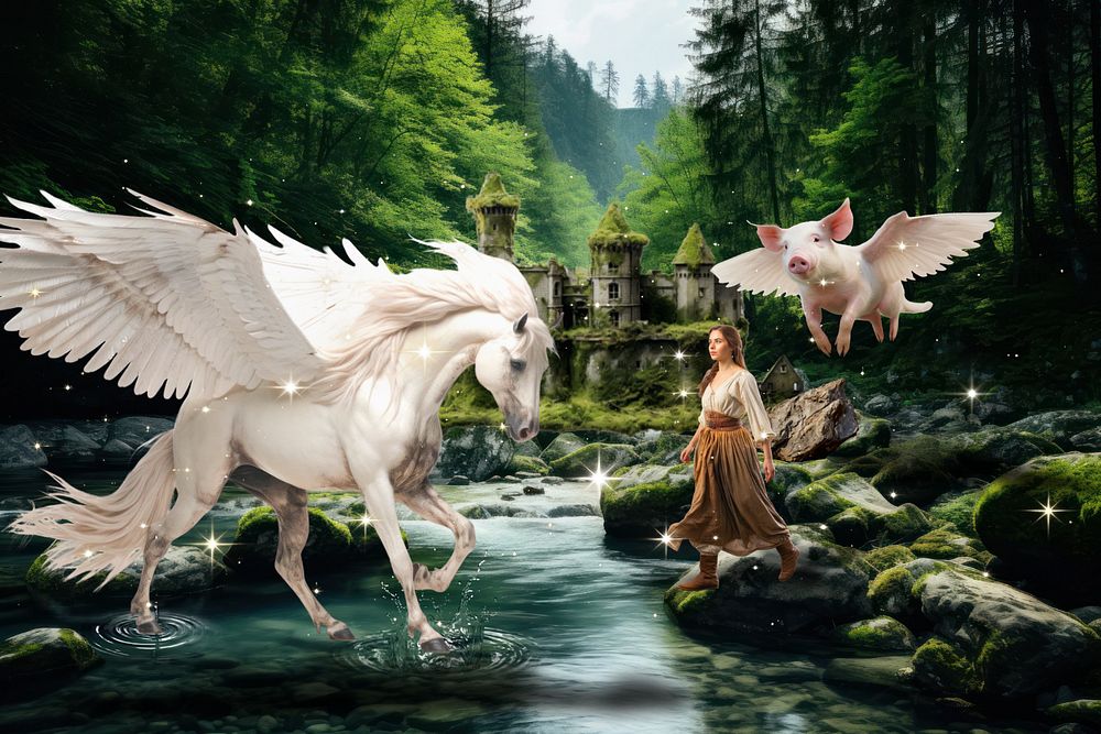 Flying pig and pegasus fantasy remix, editable design