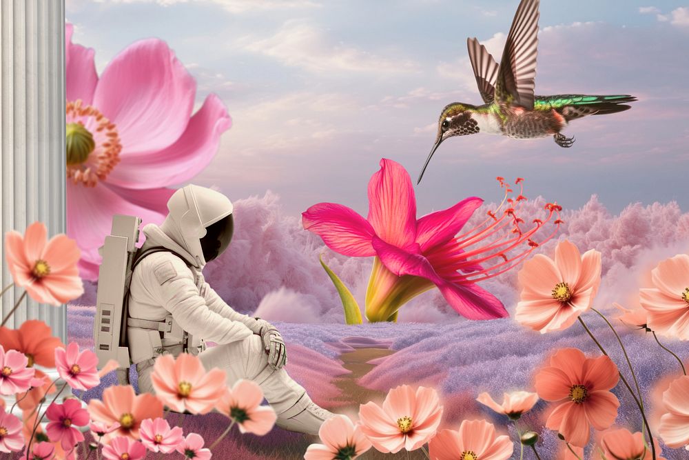 Lonely astronaut flower land surreal remix, editable design