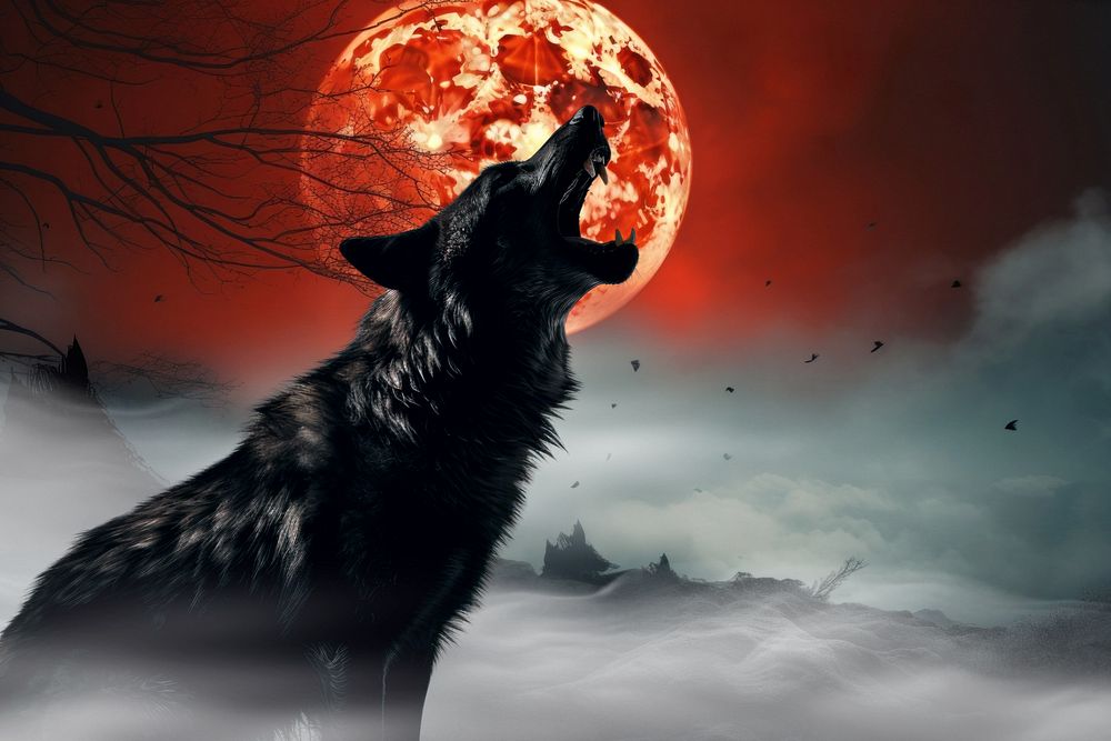 Howling black wolf spooky halloween remix, editable design