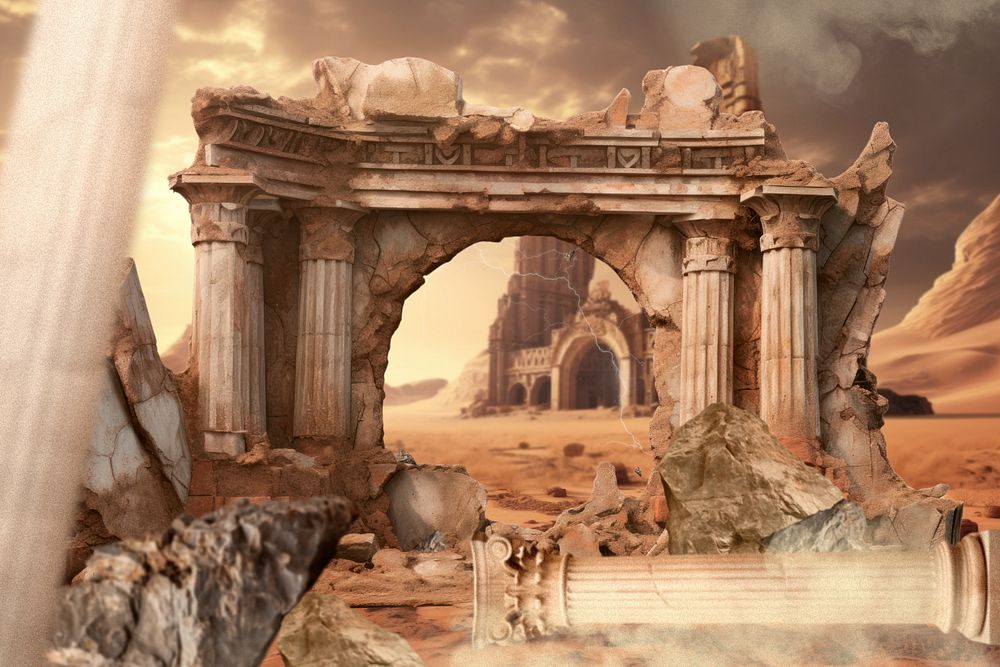 Ancient ruins architecture fantasy remix, editable design