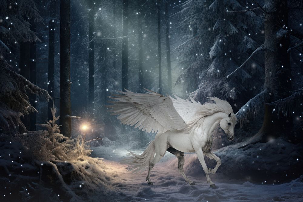 Pegasus in a forest fantasy remix, editable design