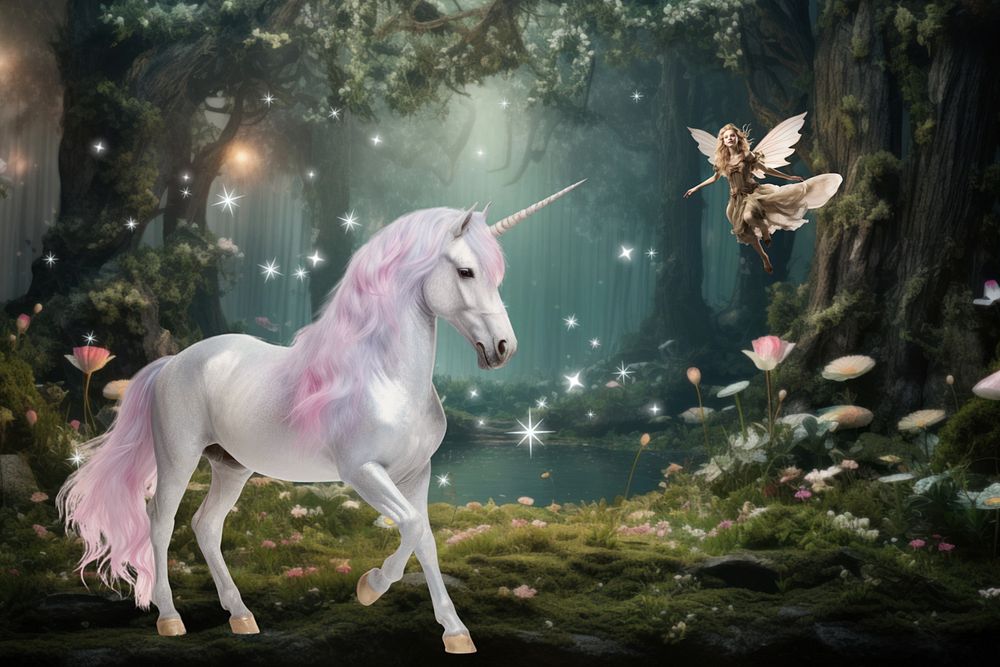 Enchanted forest unicorn fantasy remix, editable design