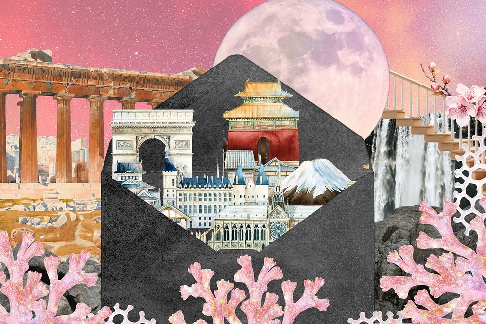 Travel the world surreal escapism collage art remix, editable design