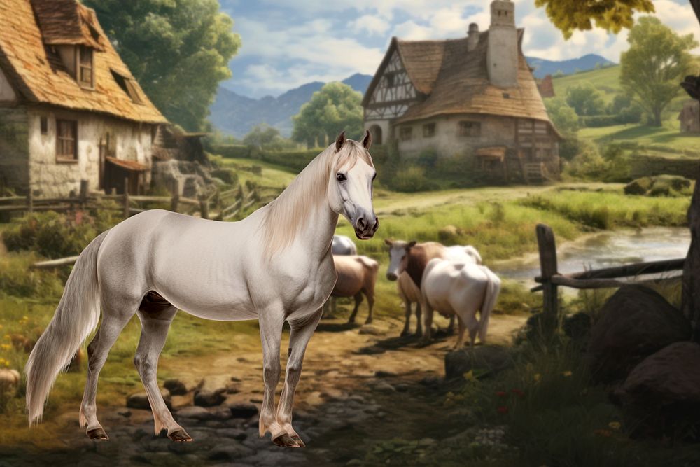 Horse in village fantasy remix, editable design