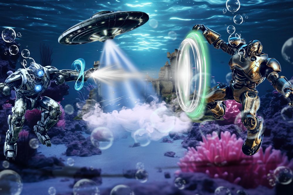 Underwater robot battle  fantasy remix, editable design