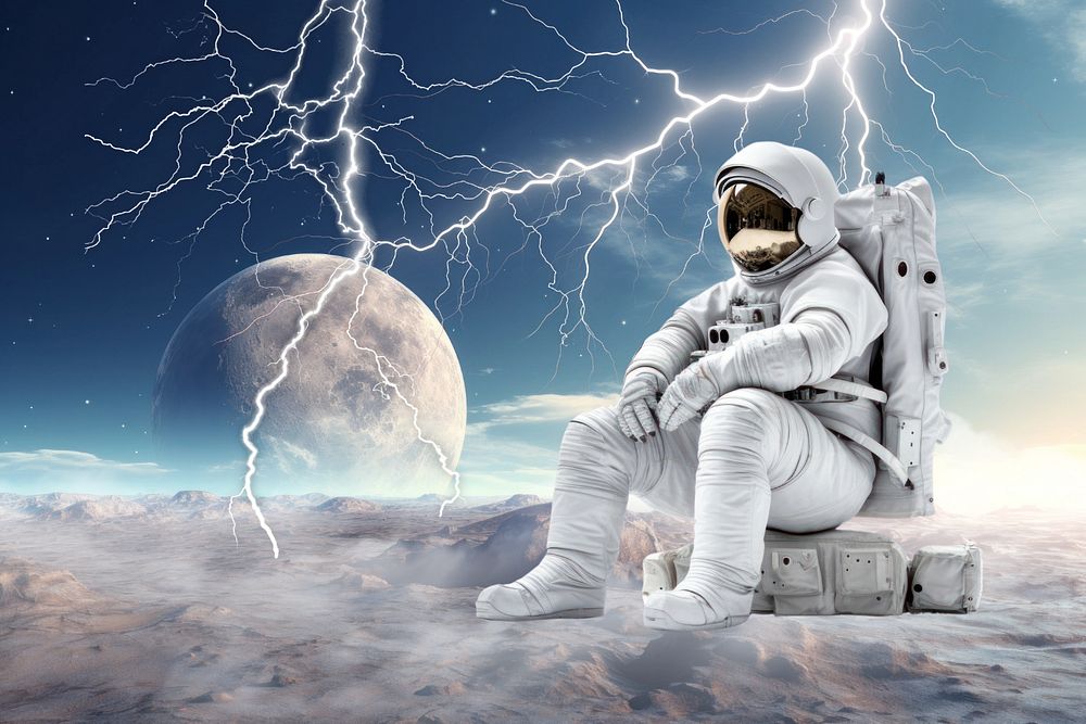 Astronaut sitting in space fantasy remix, editable design