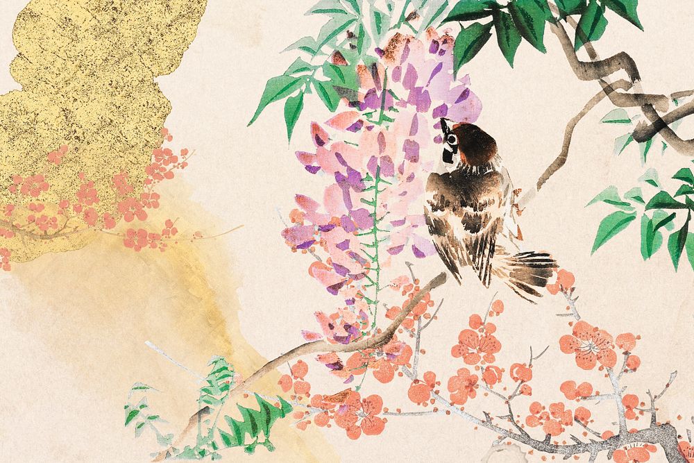 Vintage Japanese bird and flower illustration remixed by rawpixel.