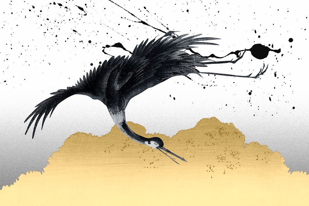 Vintage crane bird ink illustration remixed by rawpixel.