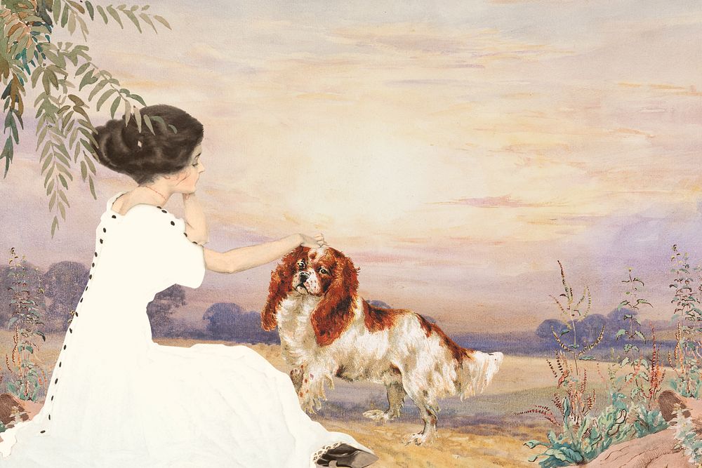 Woman with dog vintage illustration remixed by rawpixel.