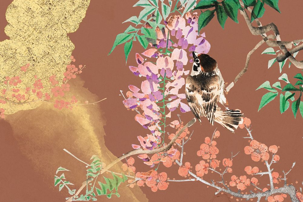 Vintage Japanese bird and flower illustration remixed by rawpixel.