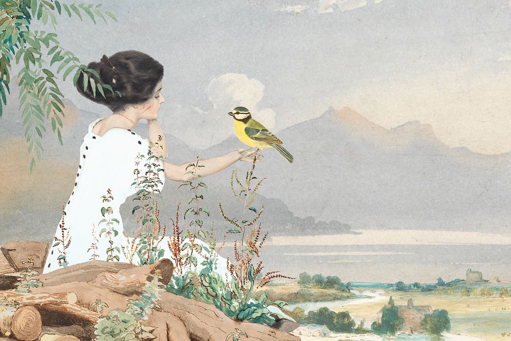 Woman with bird vintage illustration remixed by rawpixel.