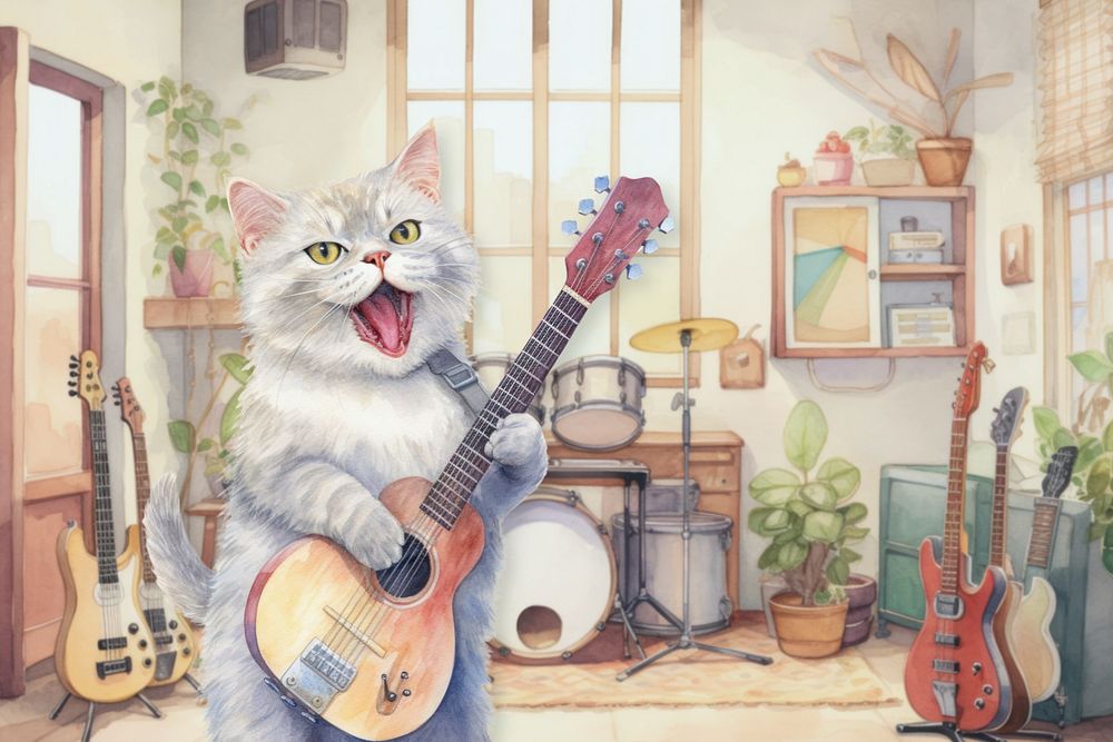 Cat guitar, hobby lifestyle editable remix