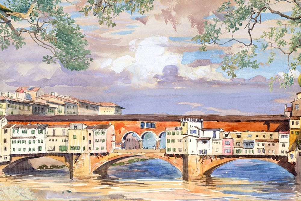 Ponte Vecchio, Florence background, vintage illustration. Remixed by rawpixel.