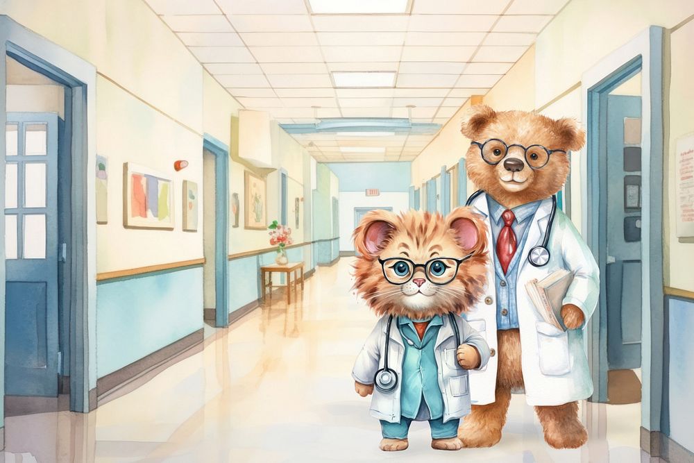 Hospital doctor, animal watercolor editable remix