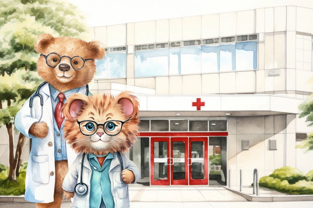 Hospital doctor, animal watercolor editable remix