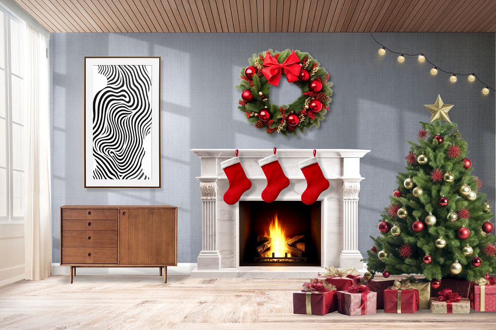 Christmas fireplace, editable interior design