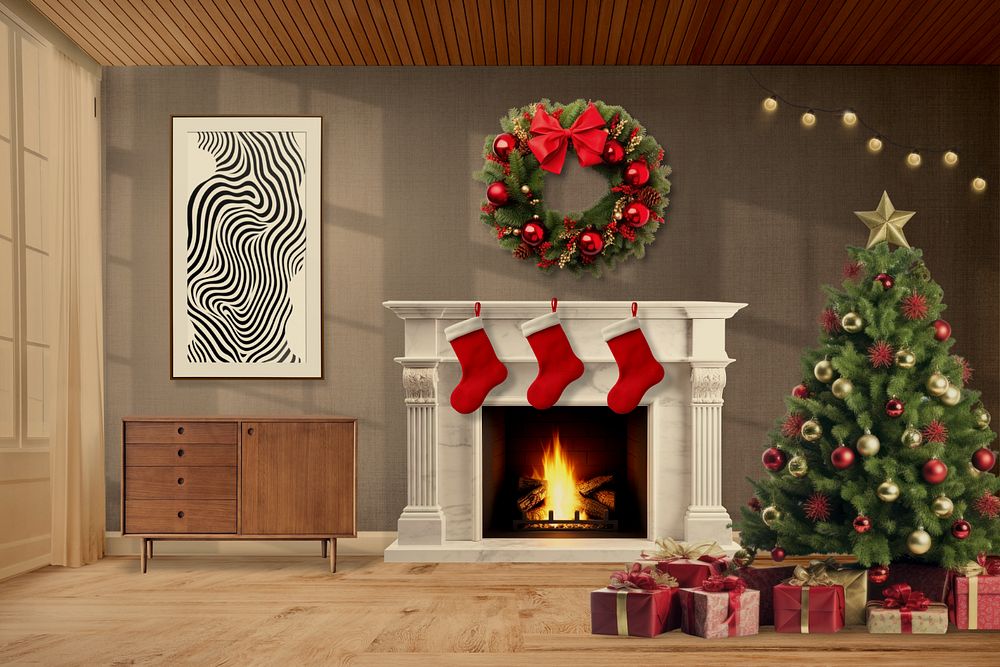 Christmas fireplace, editable interior design