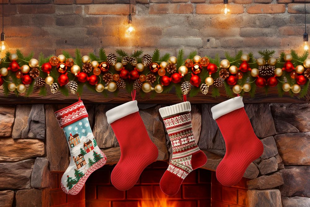 Christmas fireplace stocking, editable remix