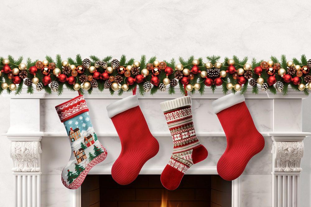 Christmas fireplace stocking, editable remix