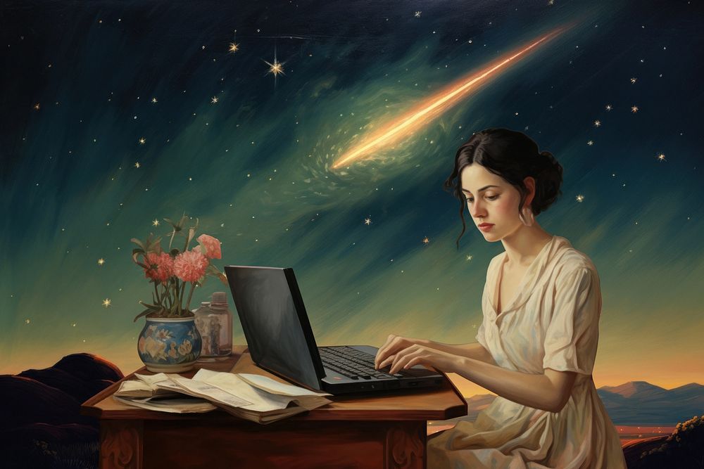 Woman working on laptop , editable oil painting