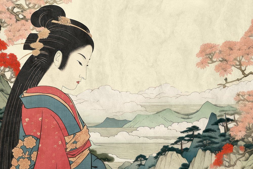 Editable vintage Japanese woman with Mount Fuji remixed design