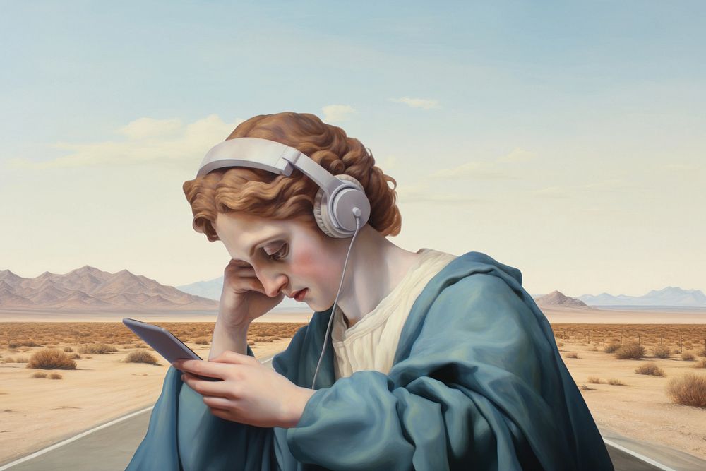 Woman listening to music , editable oil painting