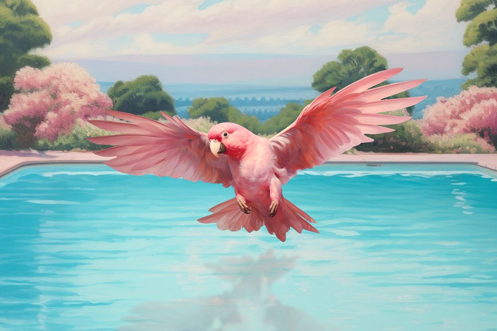 Pink parrot over the pool, editable oil painting