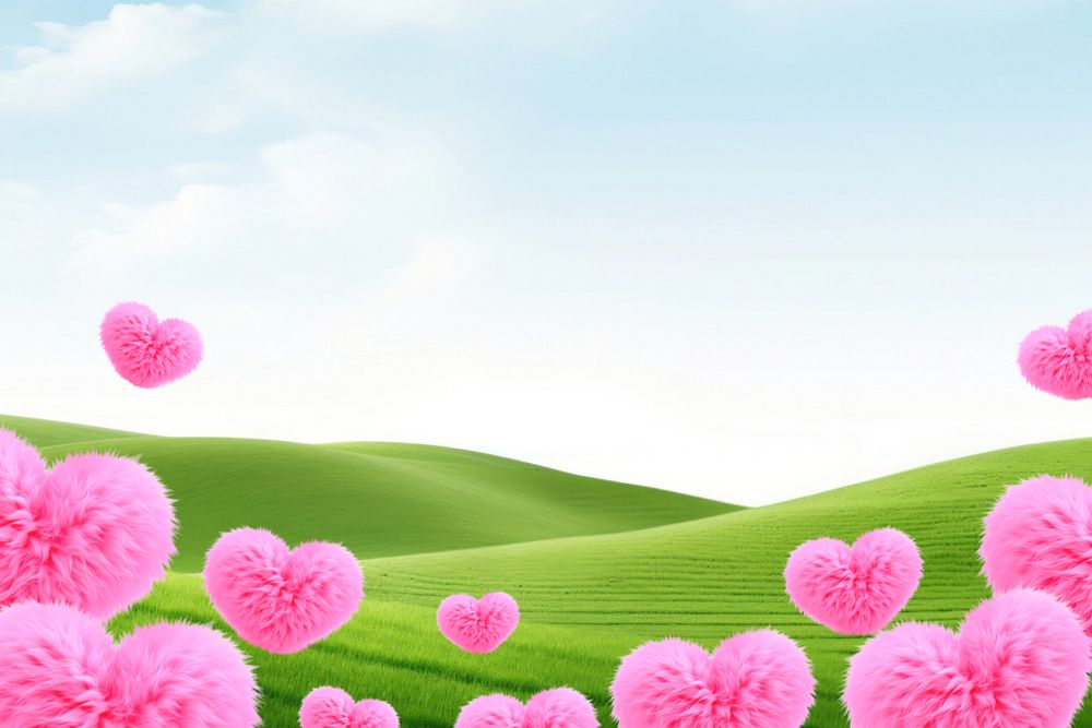 Fluffy heart, editable grass background