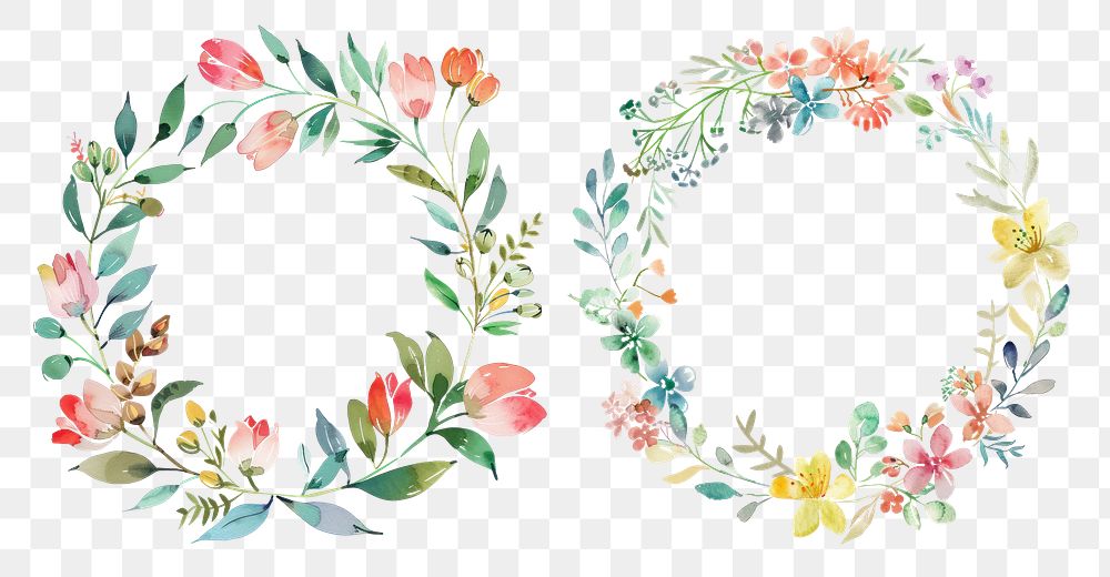 PNG Watercolor flower round wreath set, transparent background